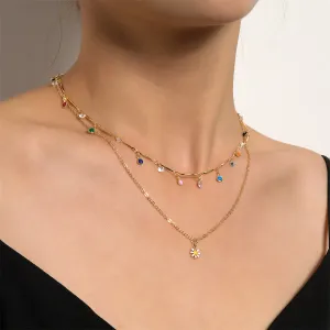 Cubic Zirconia & Enamel 18K Gold-Plated Mum Layered Pendant Necklace