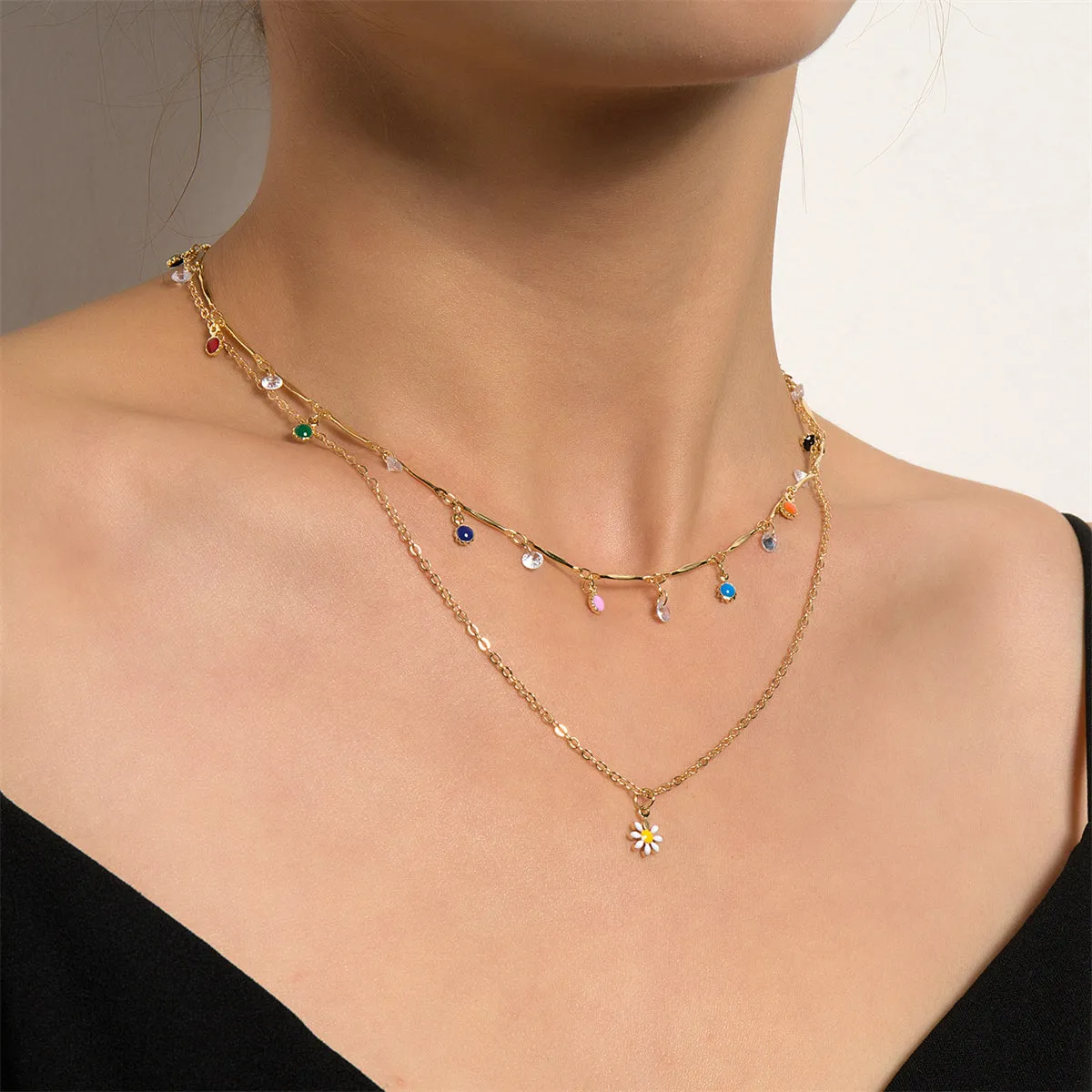 Cubic Zirconia & Enamel 18K Gold-Plated Mum Layered Pendant Necklace