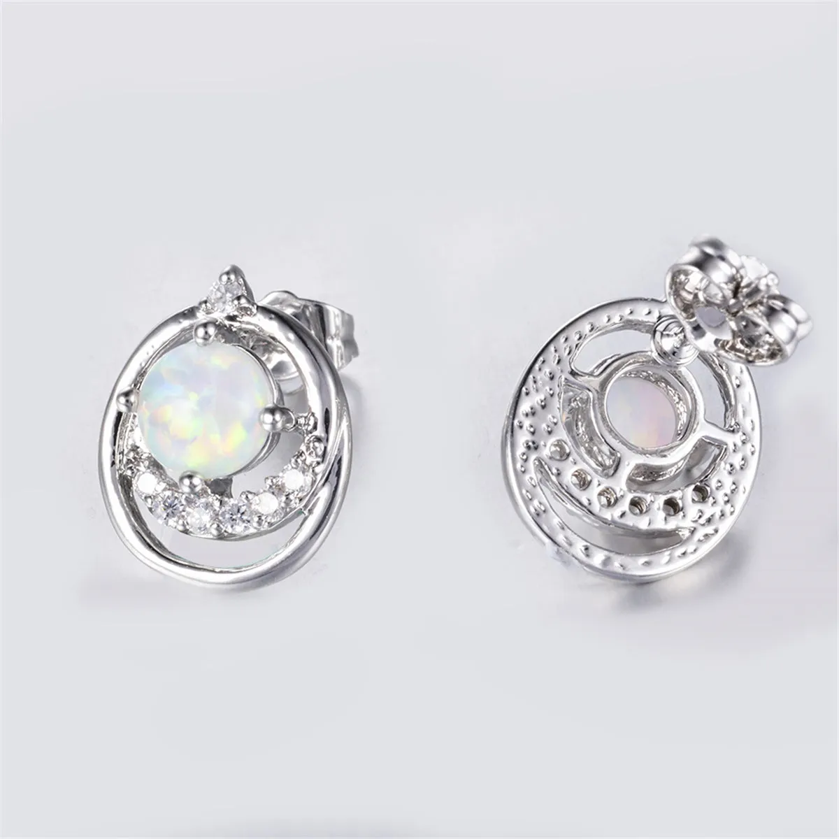 Cubic Zirconia & Opal Round Openwork Stud Earrings
