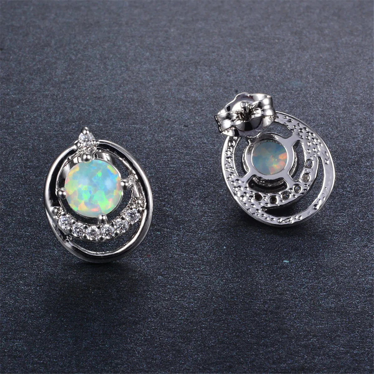 Cubic Zirconia & Opal Round Openwork Stud Earrings