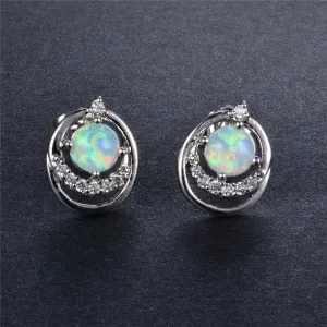 Cubic Zirconia & Opal Round Openwork Stud Earrings