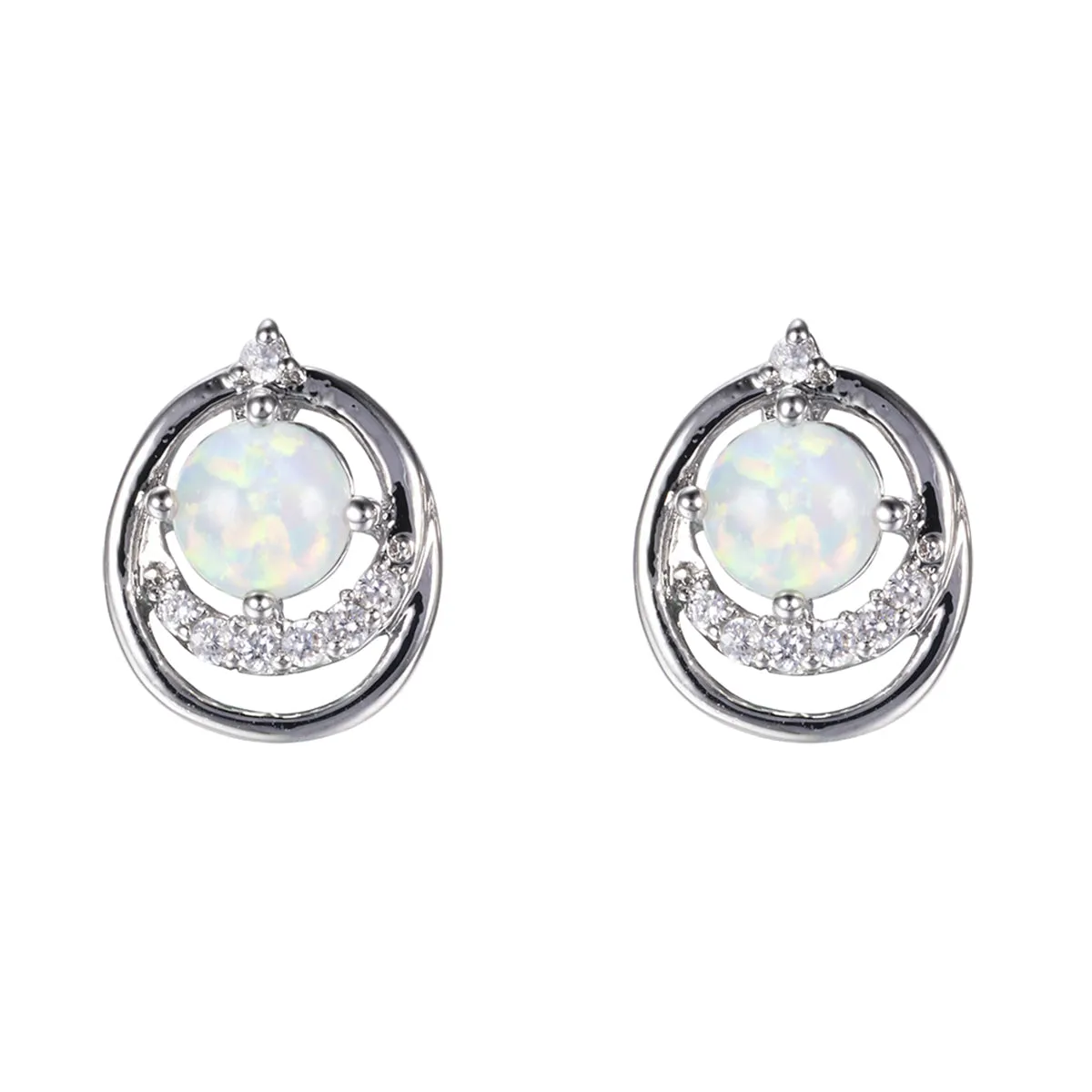 Cubic Zirconia & Opal Round Openwork Stud Earrings