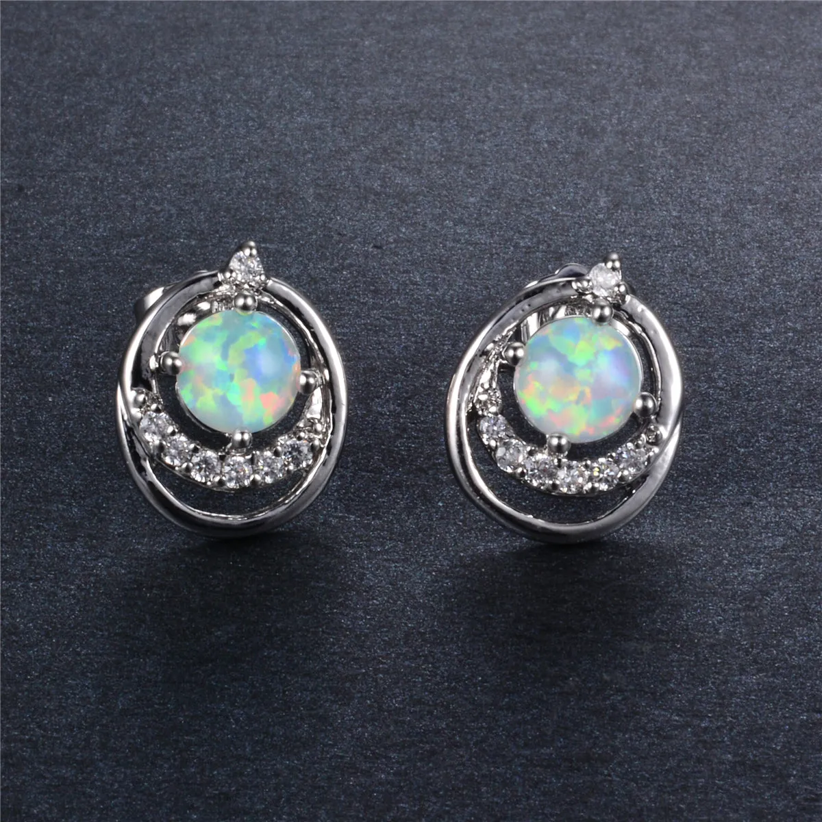 Cubic Zirconia & Opal Round Openwork Stud Earrings