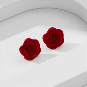 Dark Red Nylon & Silver-Plated Rose Stud Earrings