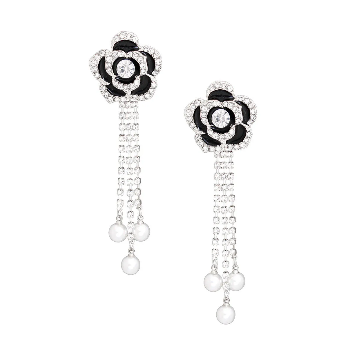 Drop Black Rose Pave Fringe Earrings