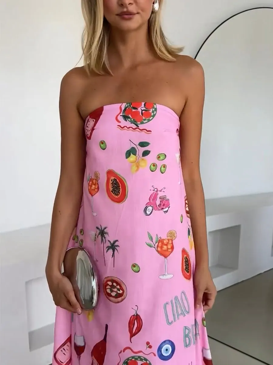 Elise | Pink tube top vacation print dress