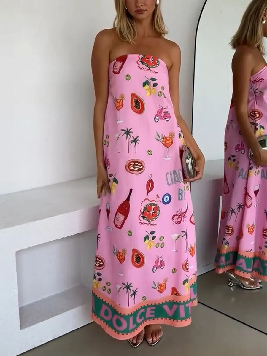 Elise | Pink tube top vacation print dress