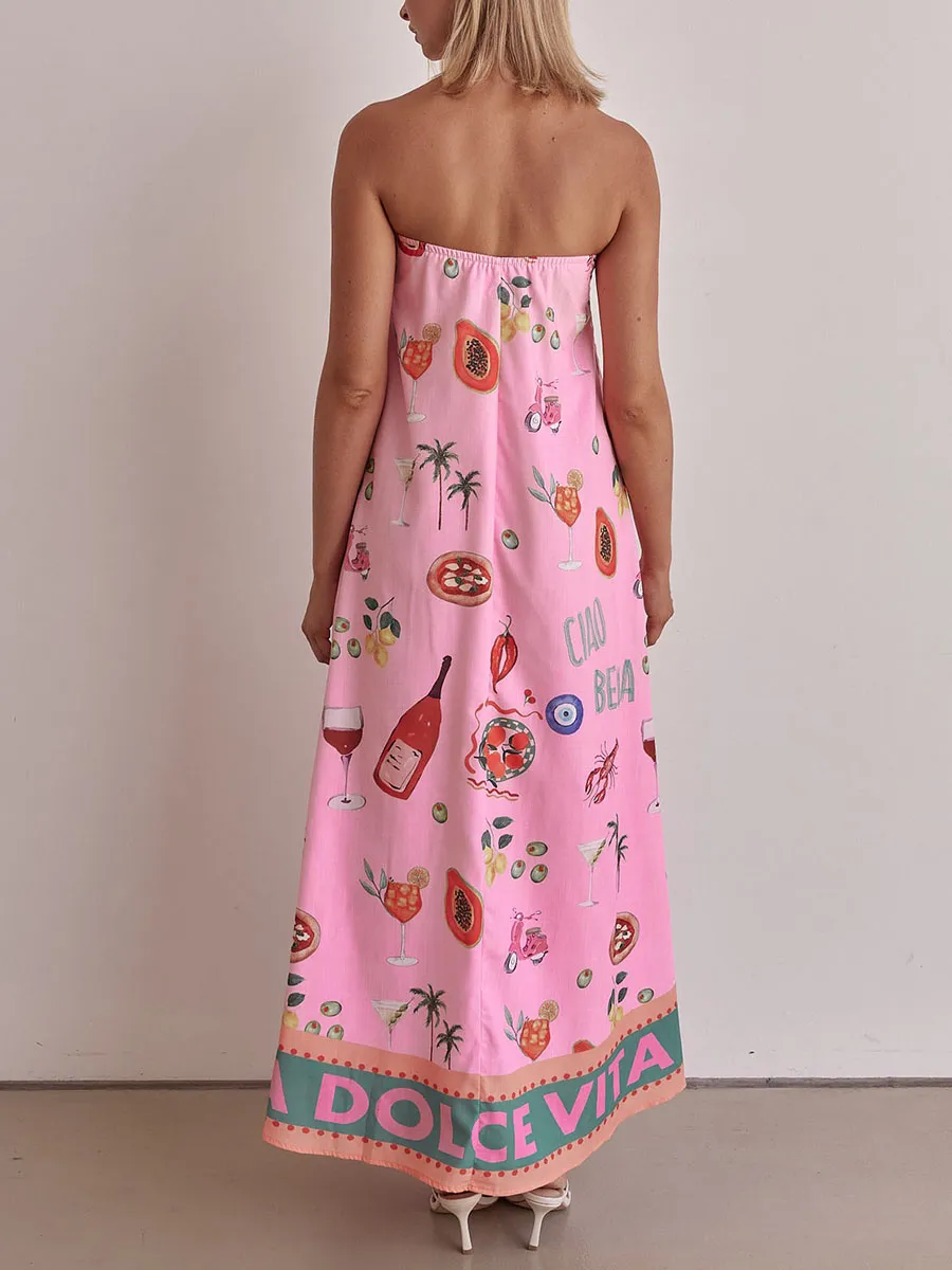 Elise | Pink tube top vacation print dress