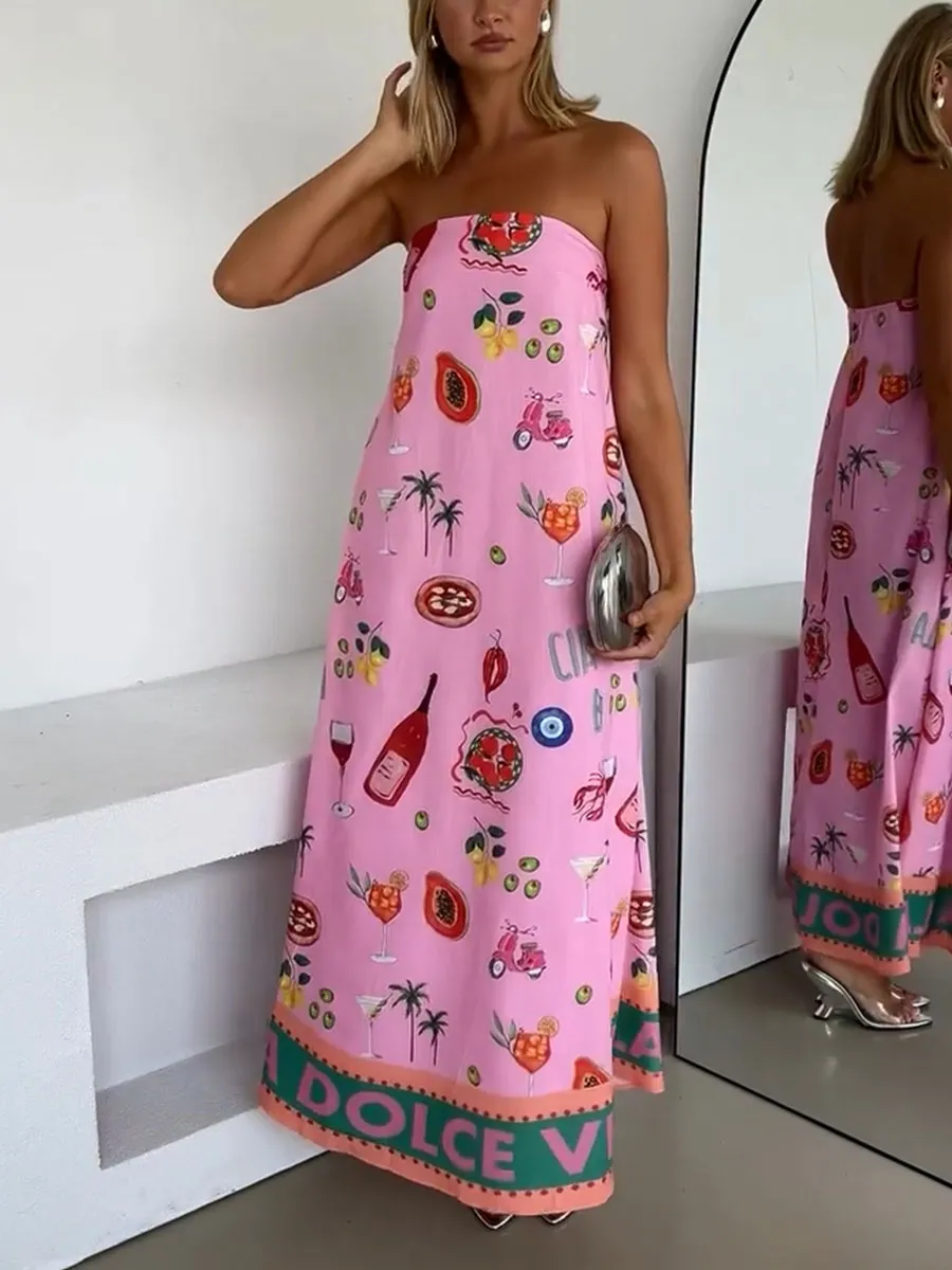 Elise | Pink tube top vacation print dress