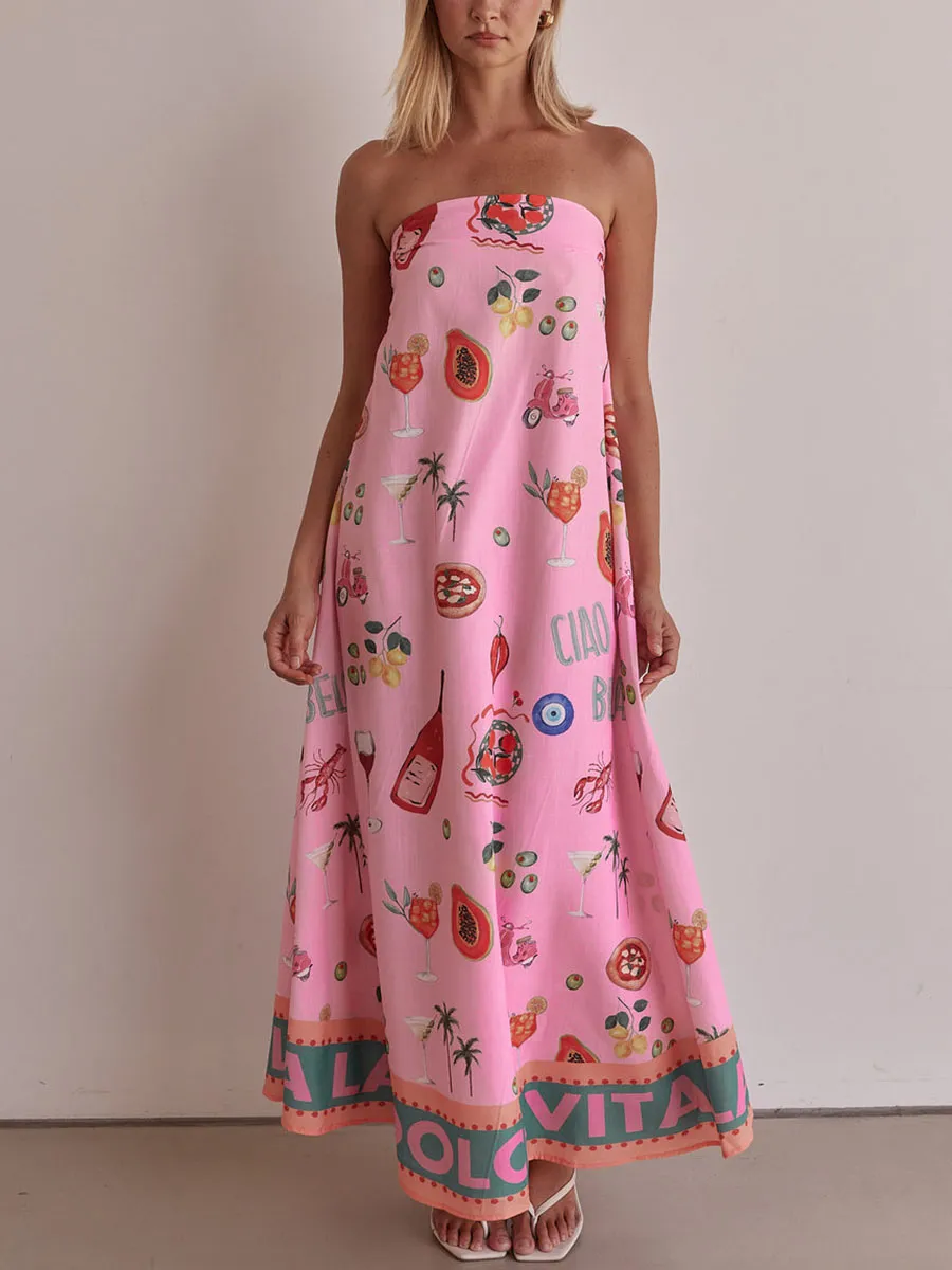 Elise | Pink tube top vacation print dress