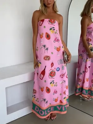 Elise | Pink tube top vacation print dress