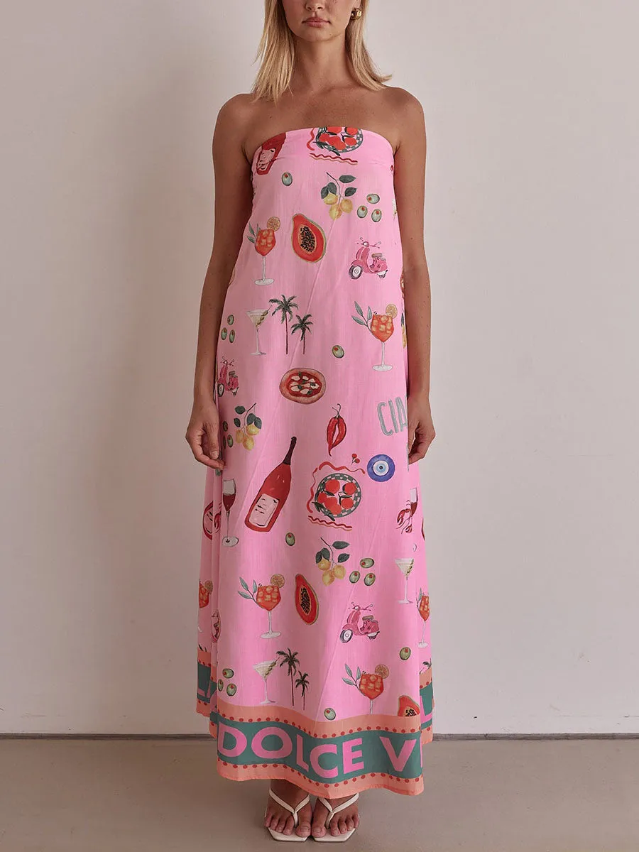 Elise | Pink tube top vacation print dress