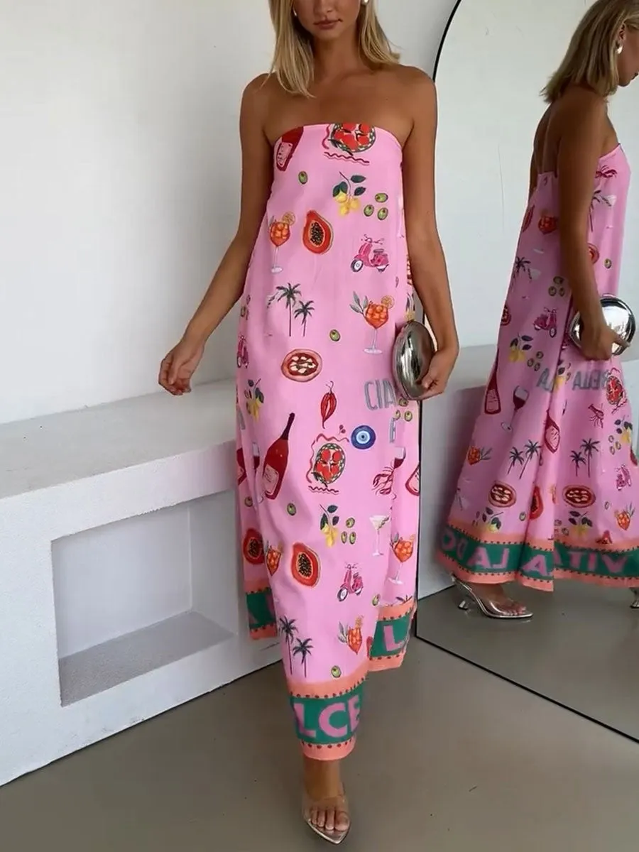 Elise | Pink tube top vacation print dress