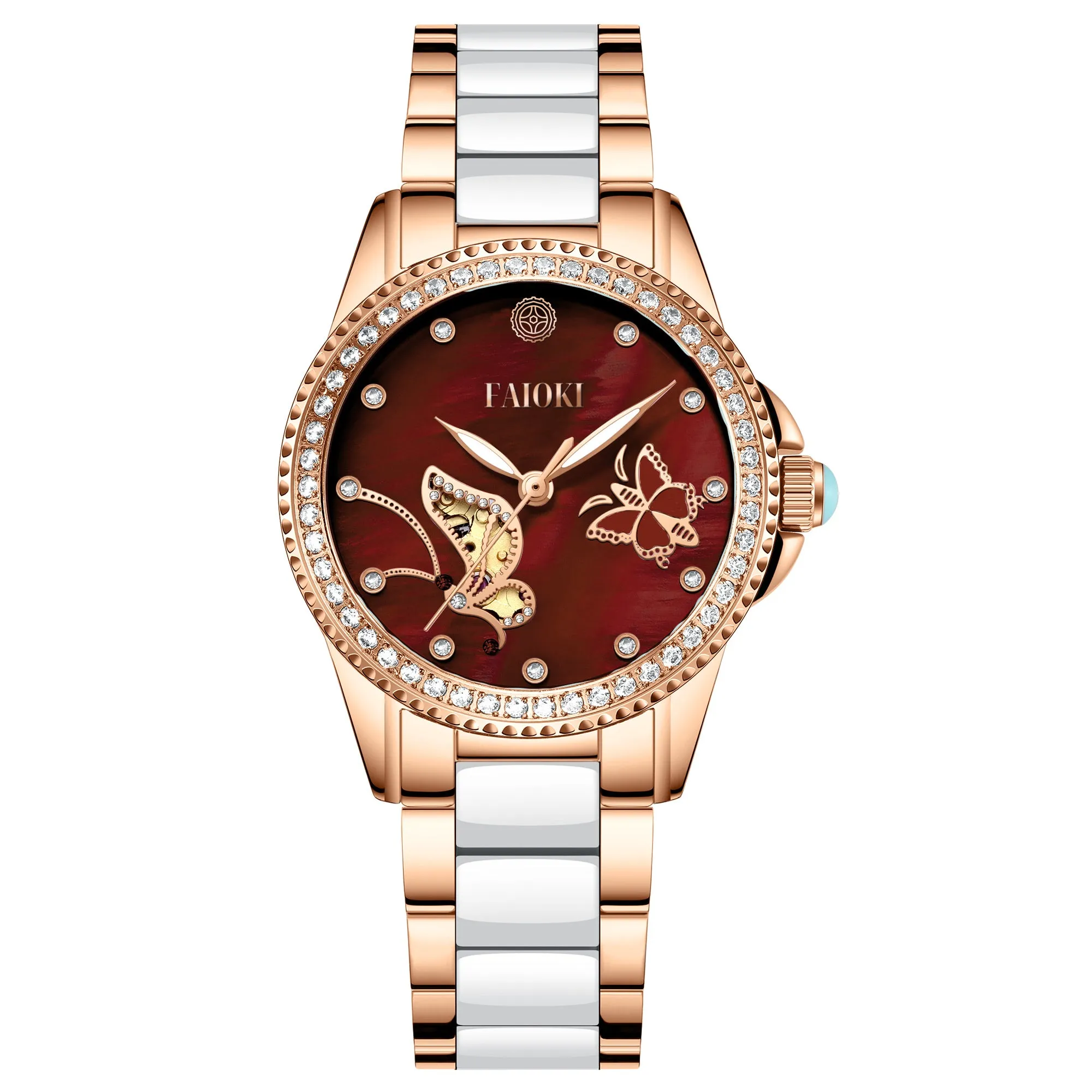 Faioki design ladies high end diamonte gold plated case and Stainless steel ceremic band