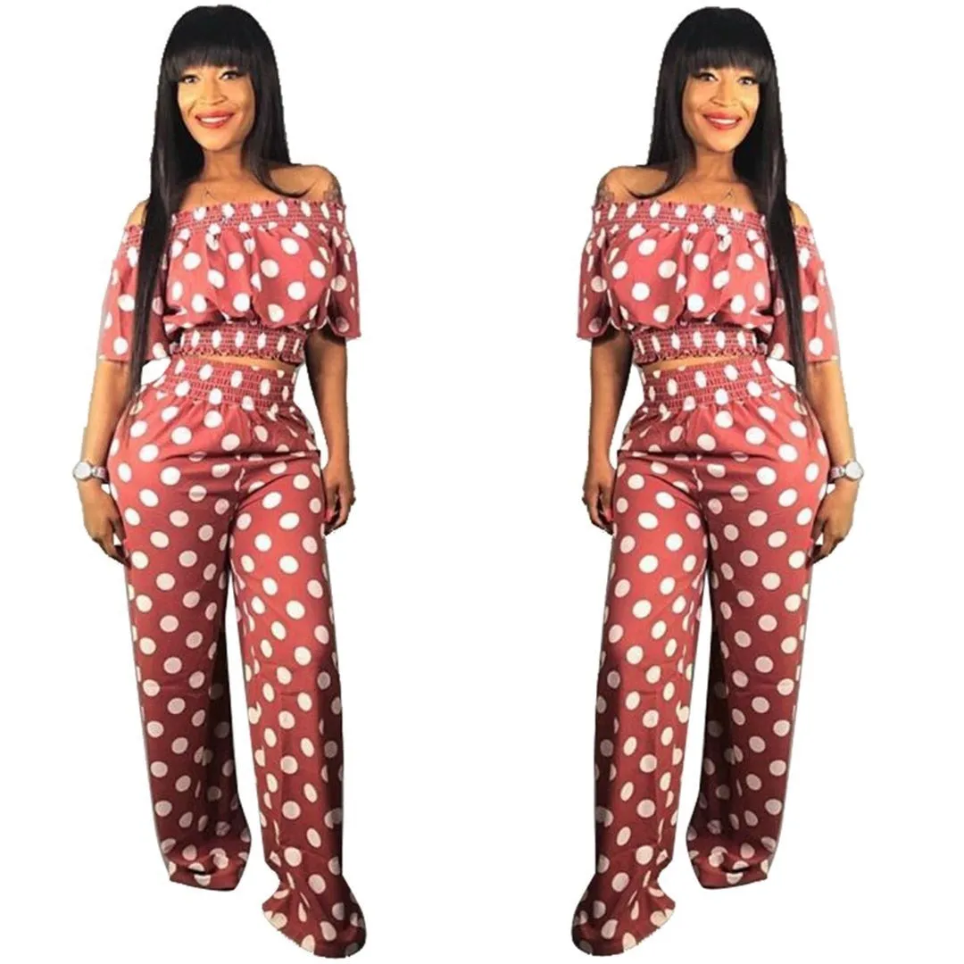 Fashion Women  Polka Dot Loose Two Piece Slash Neck Casual Outfits