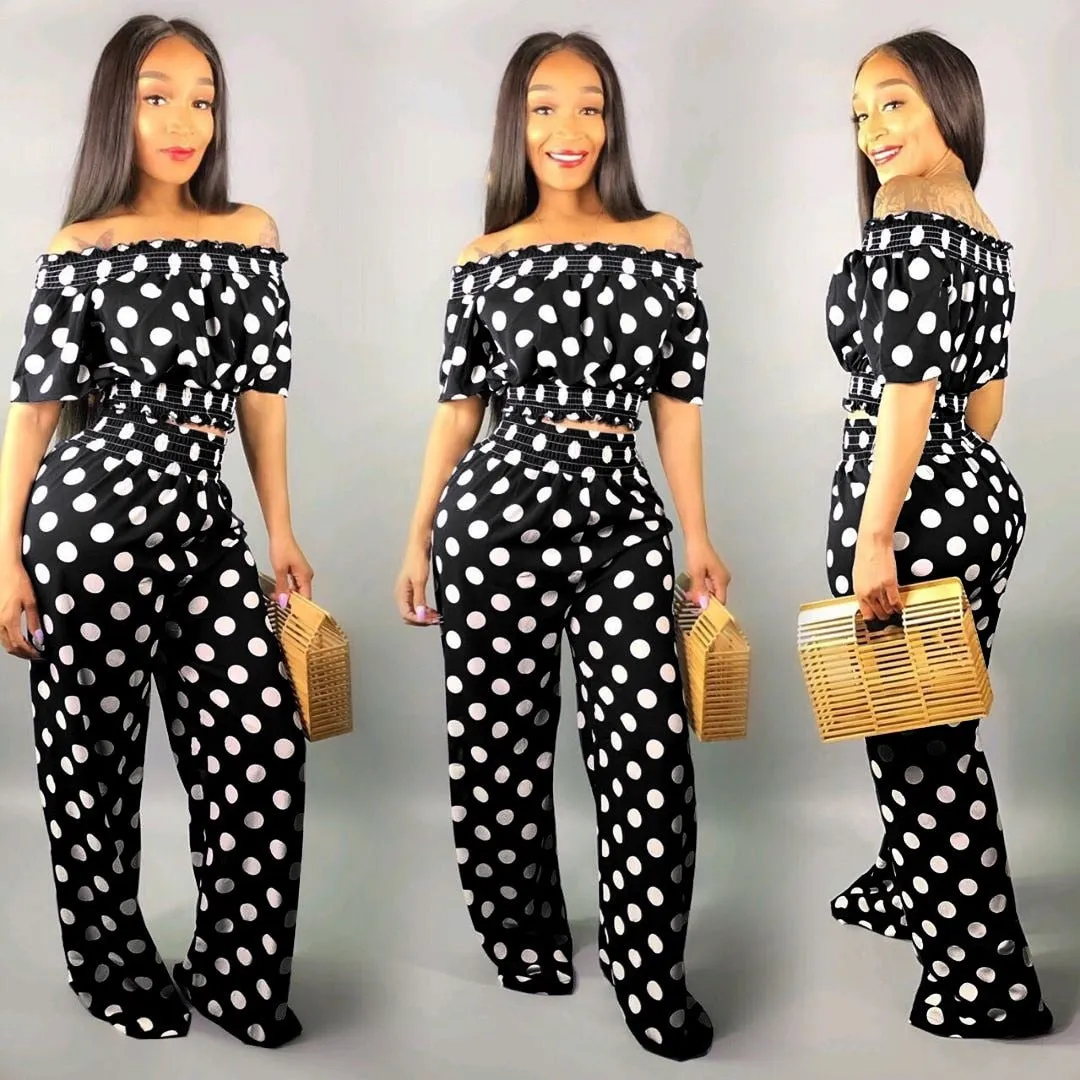 Fashion Women  Polka Dot Loose Two Piece Slash Neck Casual Outfits