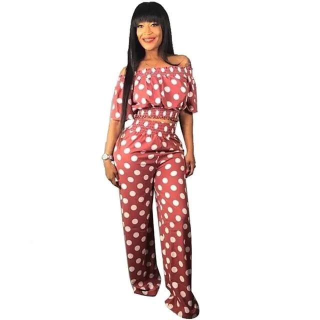 Fashion Women  Polka Dot Loose Two Piece Slash Neck Casual Outfits