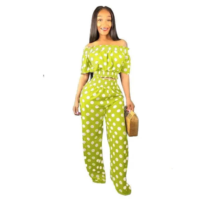 Fashion Women  Polka Dot Loose Two Piece Slash Neck Casual Outfits