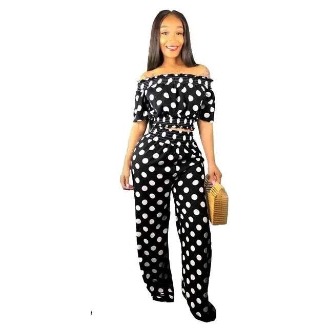 Fashion Women  Polka Dot Loose Two Piece Slash Neck Casual Outfits