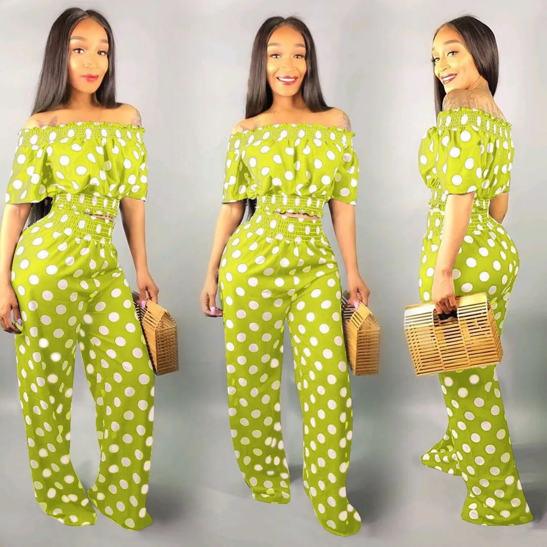 Fashion Women  Polka Dot Loose Two Piece Slash Neck Casual Outfits