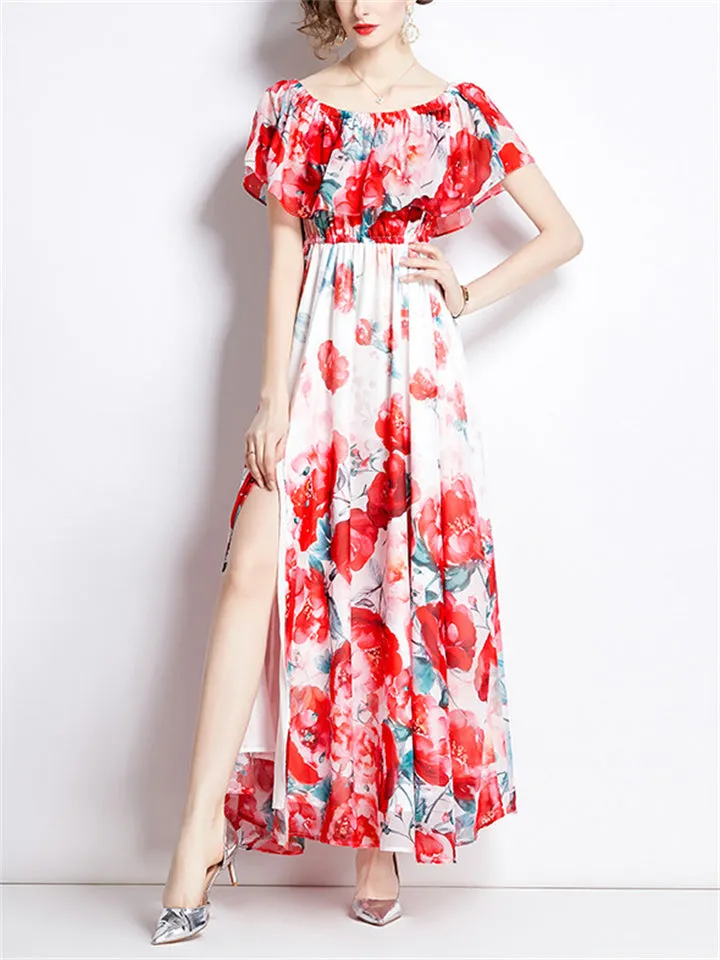 Female Gorgeous Peony Printed Ruffled Split Dresses