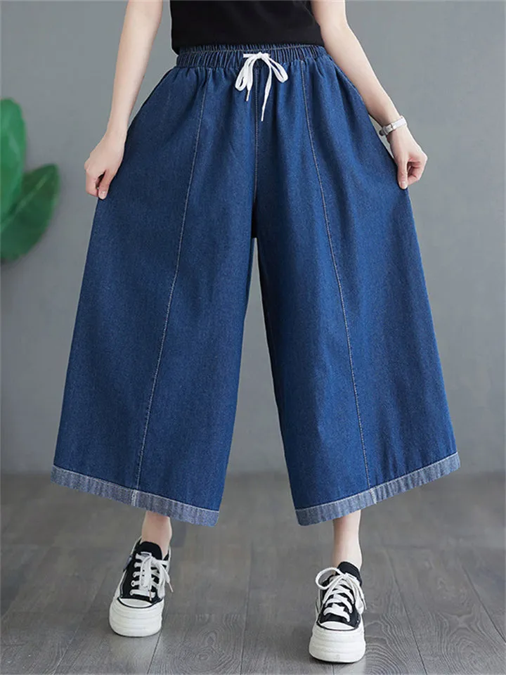 Female Simple Blue Big Size Wide Leg Denim Pants