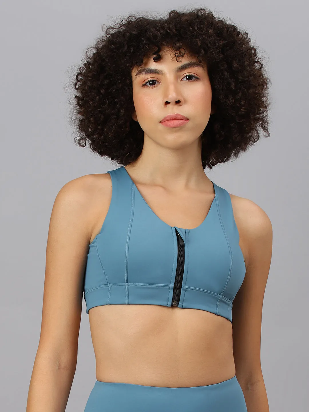 Fitkin Women's Turquoise Front Zipper Sports Bra