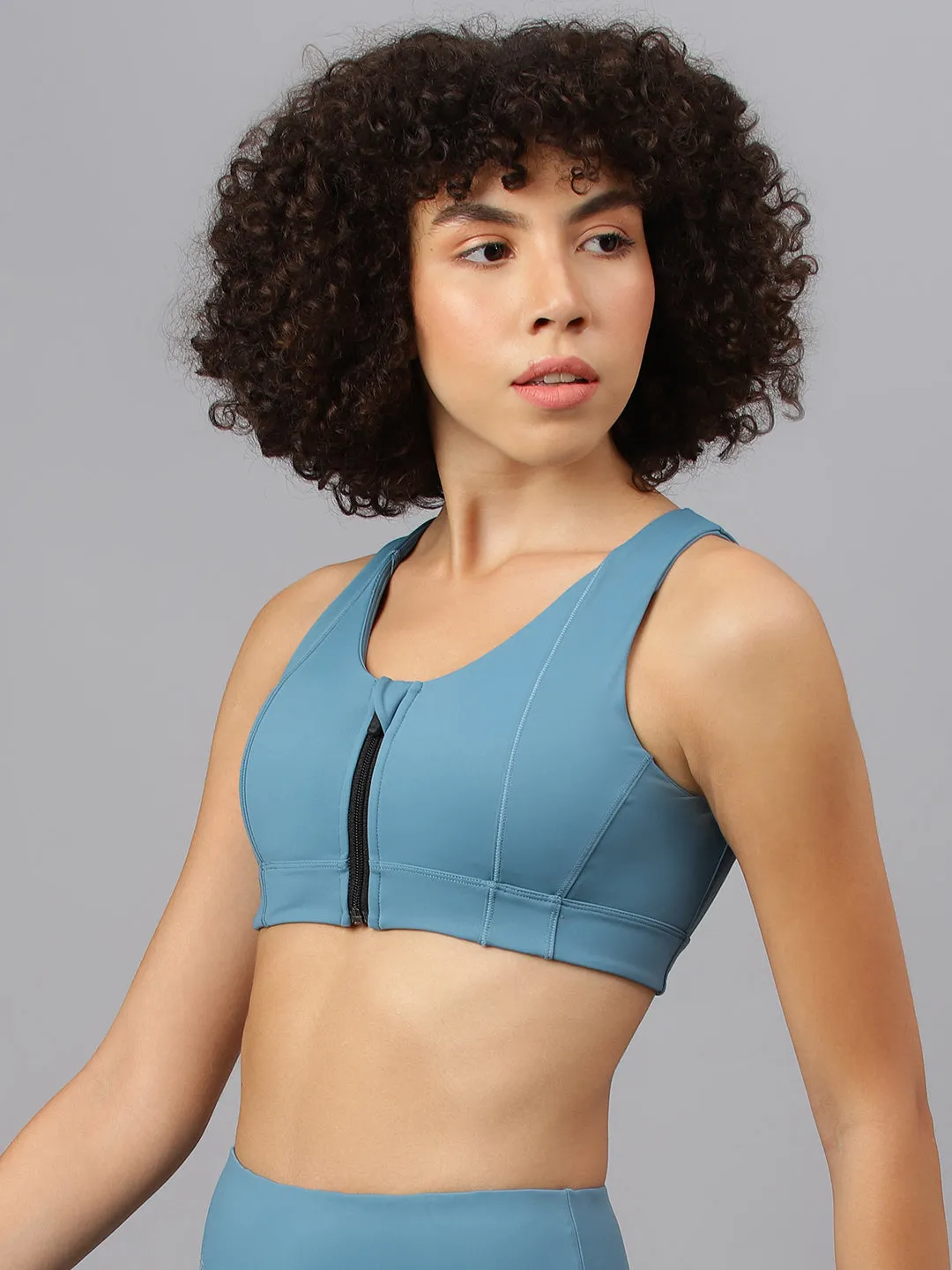 Fitkin Women's Turquoise Front Zipper Sports Bra