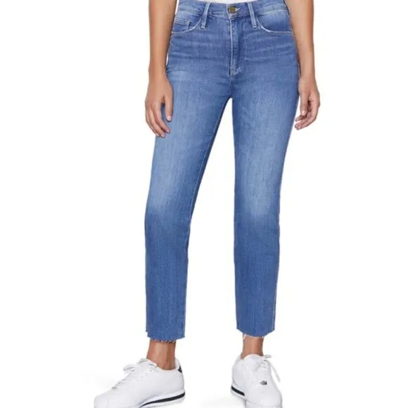 Frame Le Sylvie High Waist Raw Hem Crop Jeans in Kirah Wash Blue Women's 26