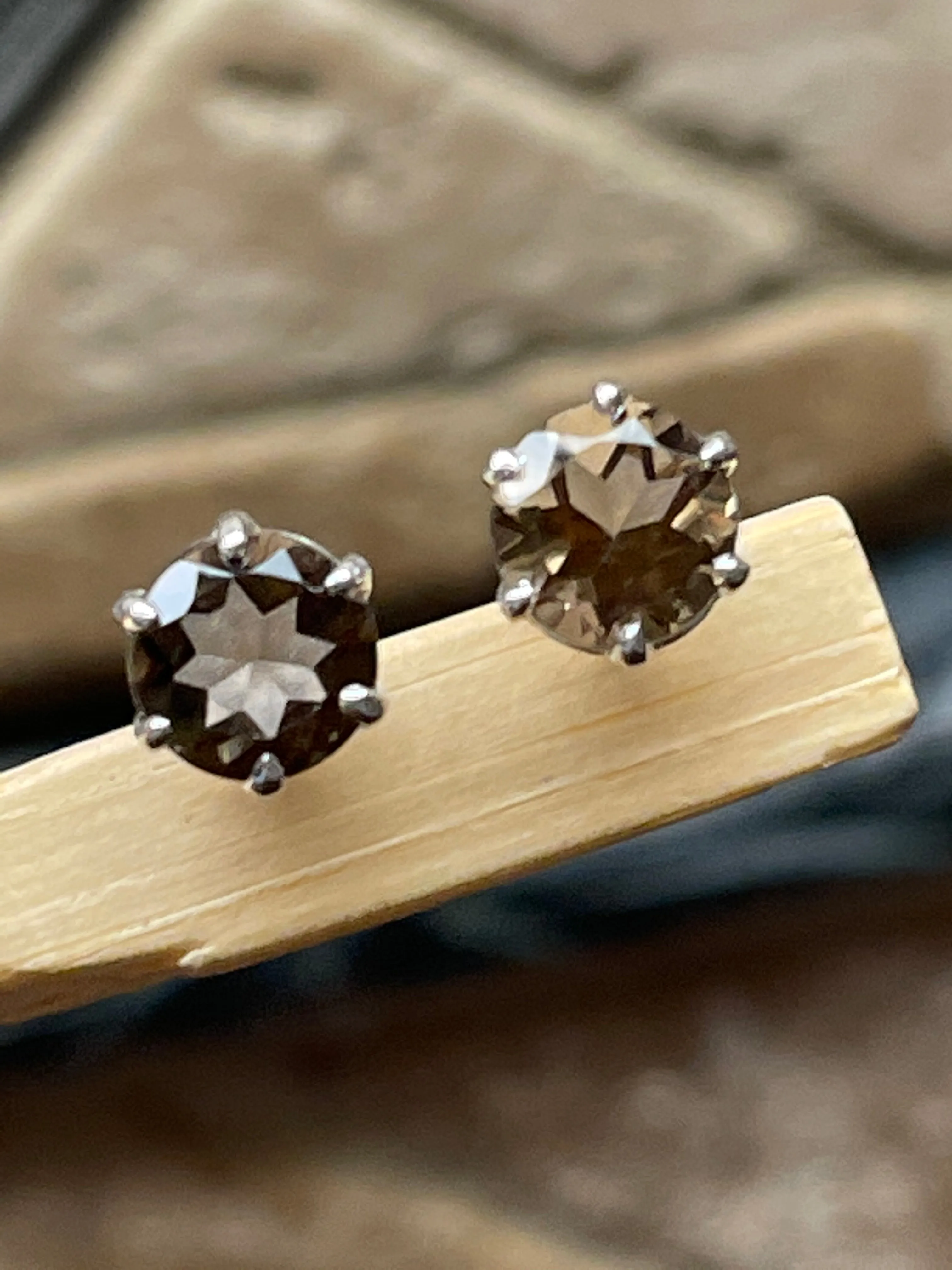 Genuine 1ct Smoky Topaz 925 Solid Sterling Silver Earrings 7mm