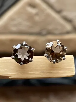 Genuine 1ct Smoky Topaz 925 Solid Sterling Silver Earrings 7mm