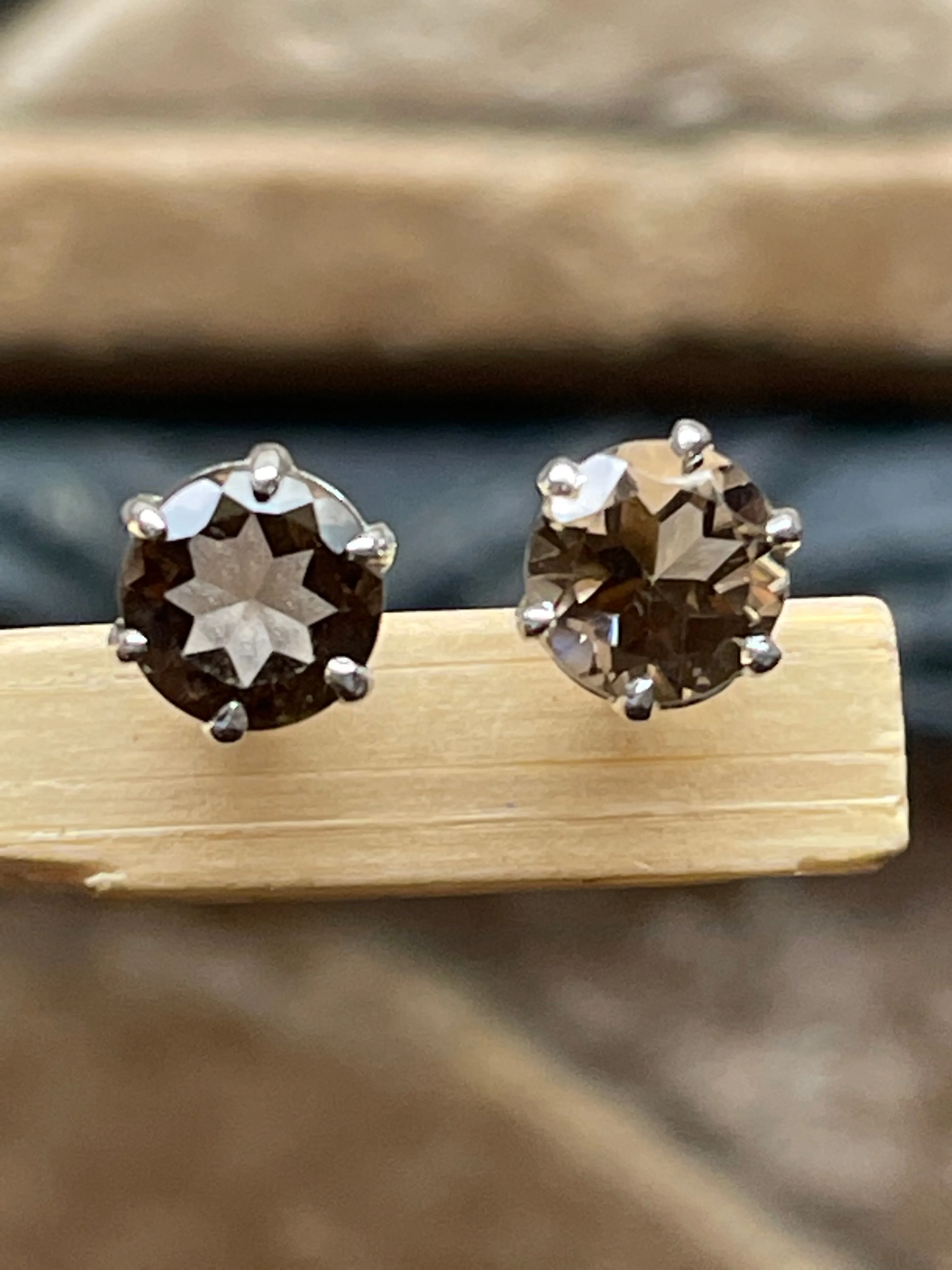 Genuine 1ct Smoky Topaz 925 Solid Sterling Silver Earrings 7mm