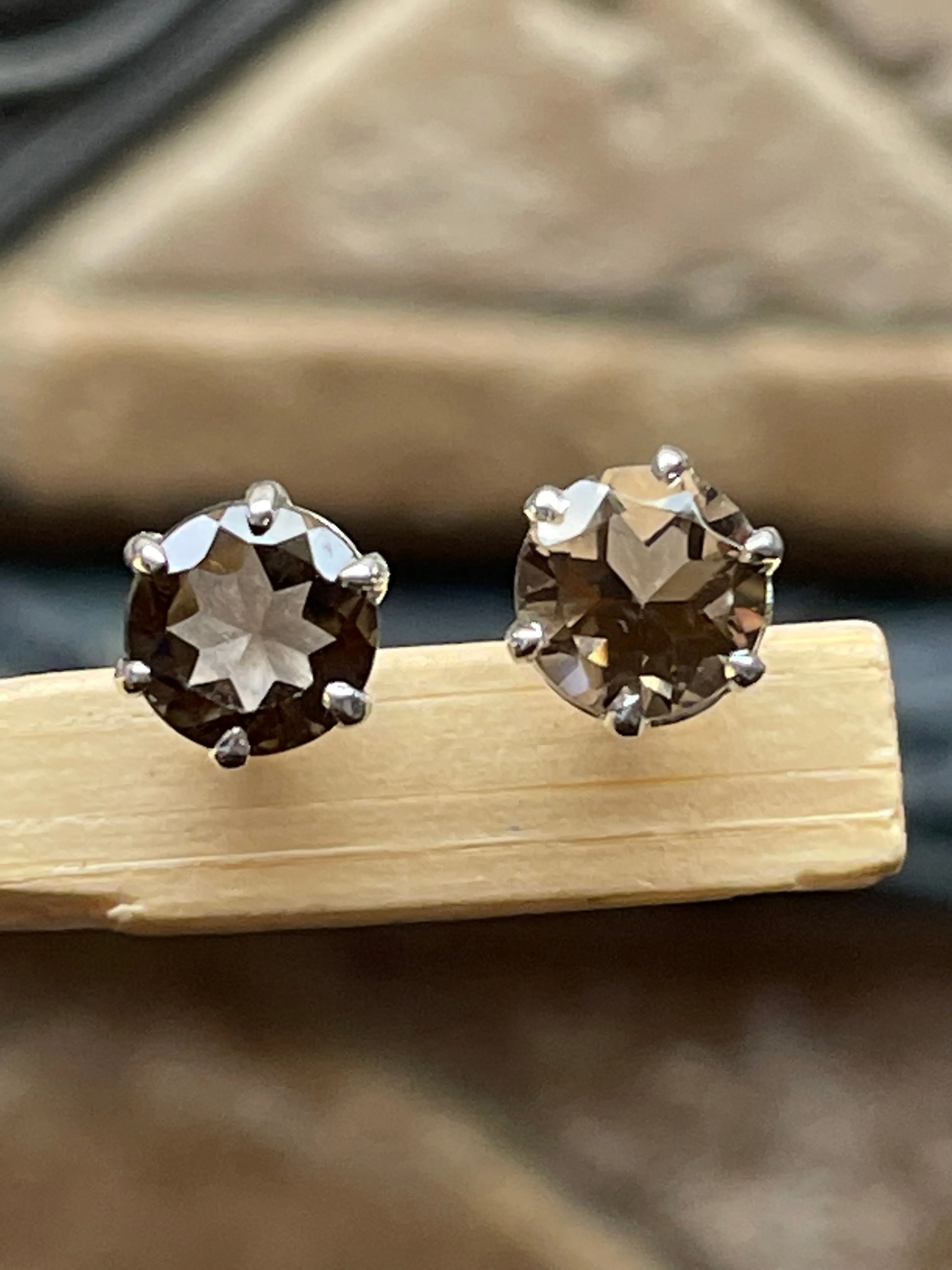 Genuine 1ct Smoky Topaz 925 Solid Sterling Silver Earrings 7mm