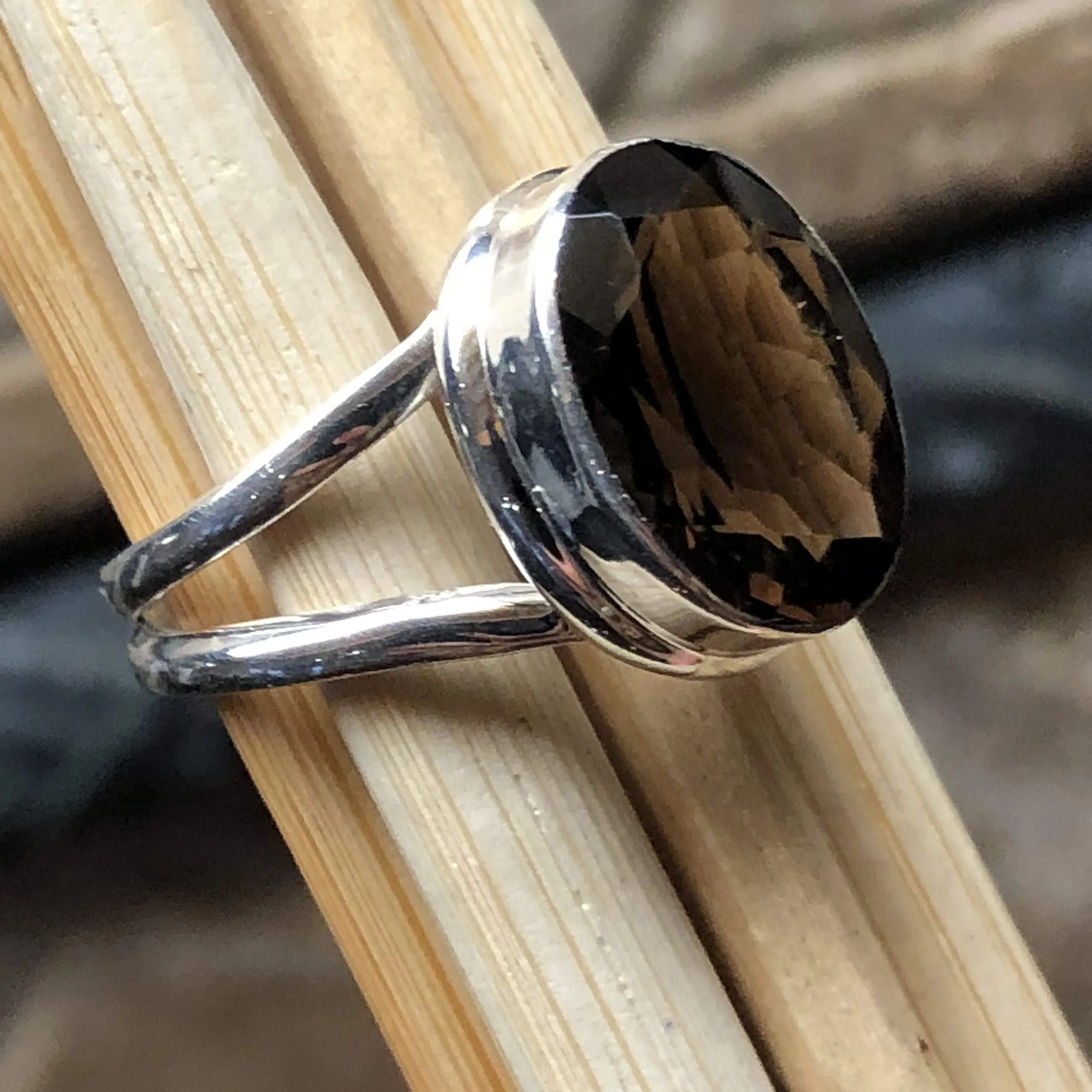Genuine 6ct Smoky Topaz 925 Solid Sterling Silver Ring Size 7, 9