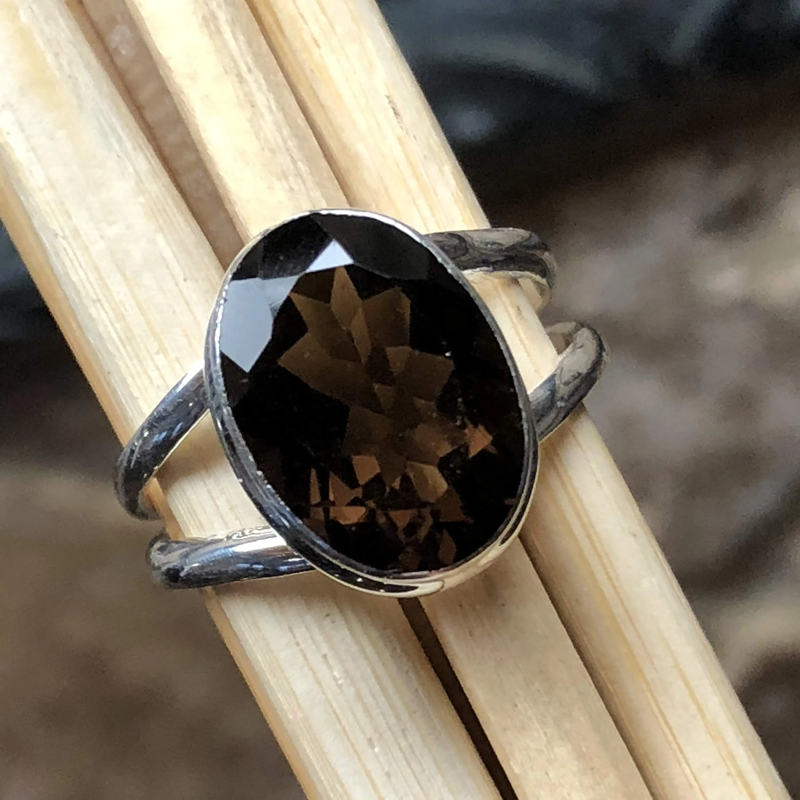 Genuine 6ct Smoky Topaz 925 Solid Sterling Silver Ring Size 7, 9