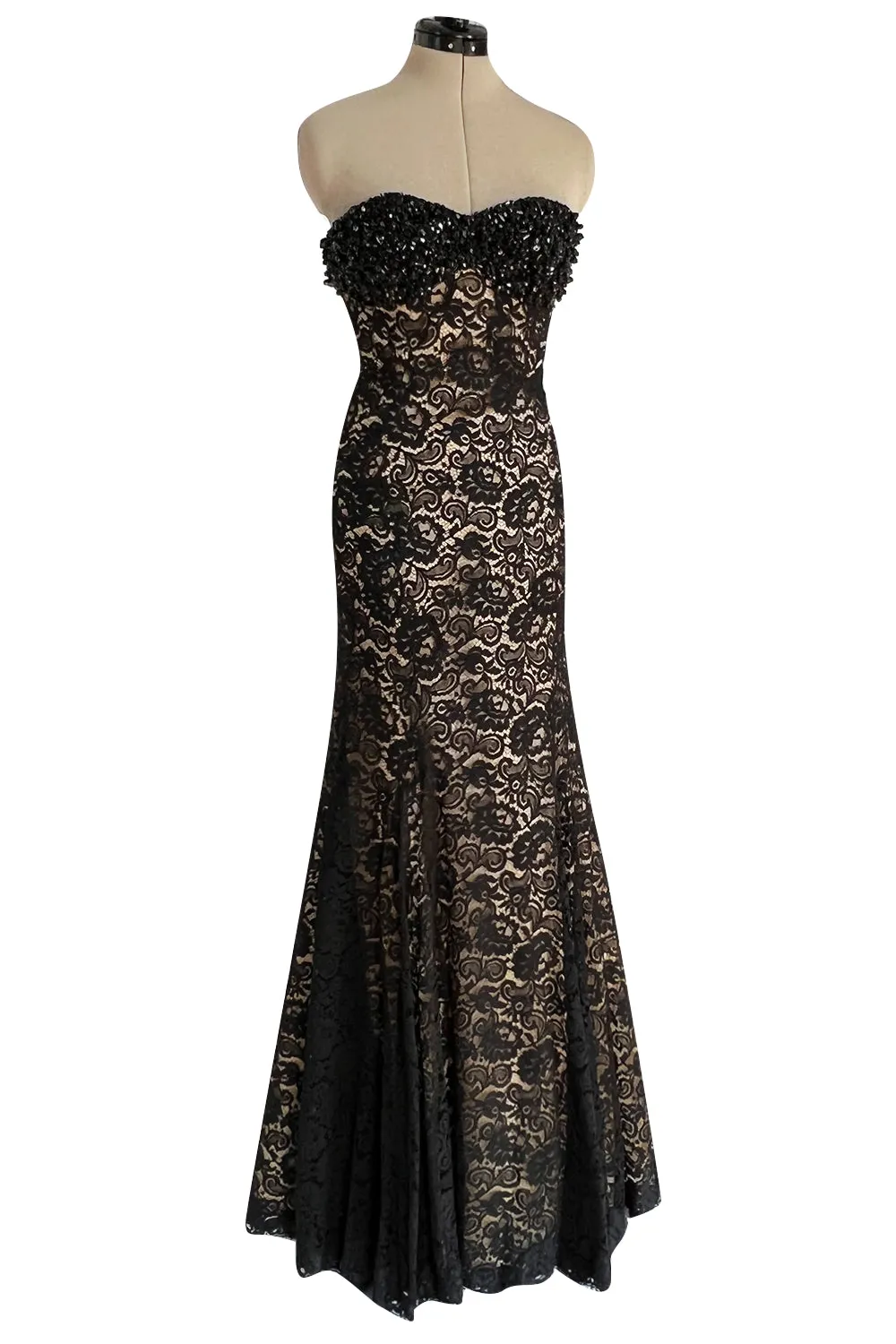 Gorgeous 1990s Isaac Mizrahi Couture Strapless Nude & Black Lace Dress w Beaded Bodice