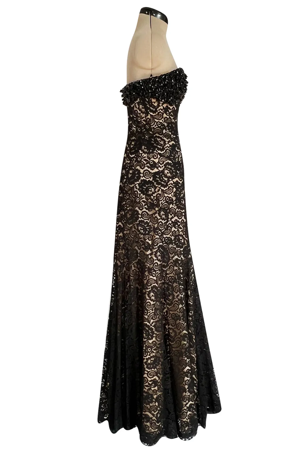 Gorgeous 1990s Isaac Mizrahi Couture Strapless Nude & Black Lace Dress w Beaded Bodice