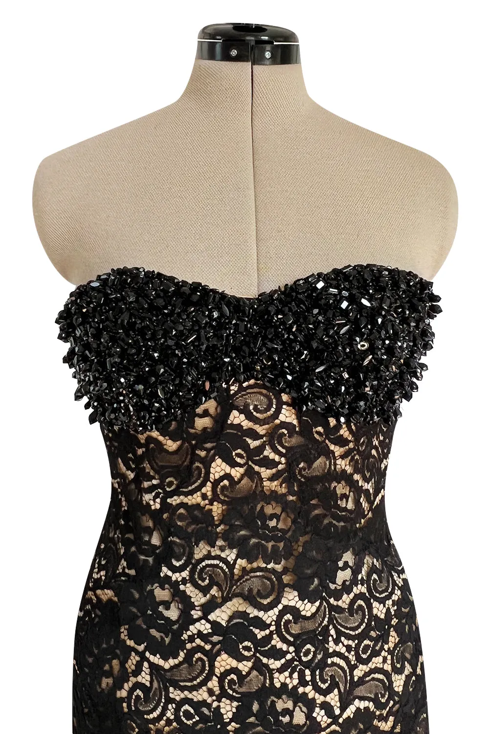 Gorgeous 1990s Isaac Mizrahi Couture Strapless Nude & Black Lace Dress w Beaded Bodice