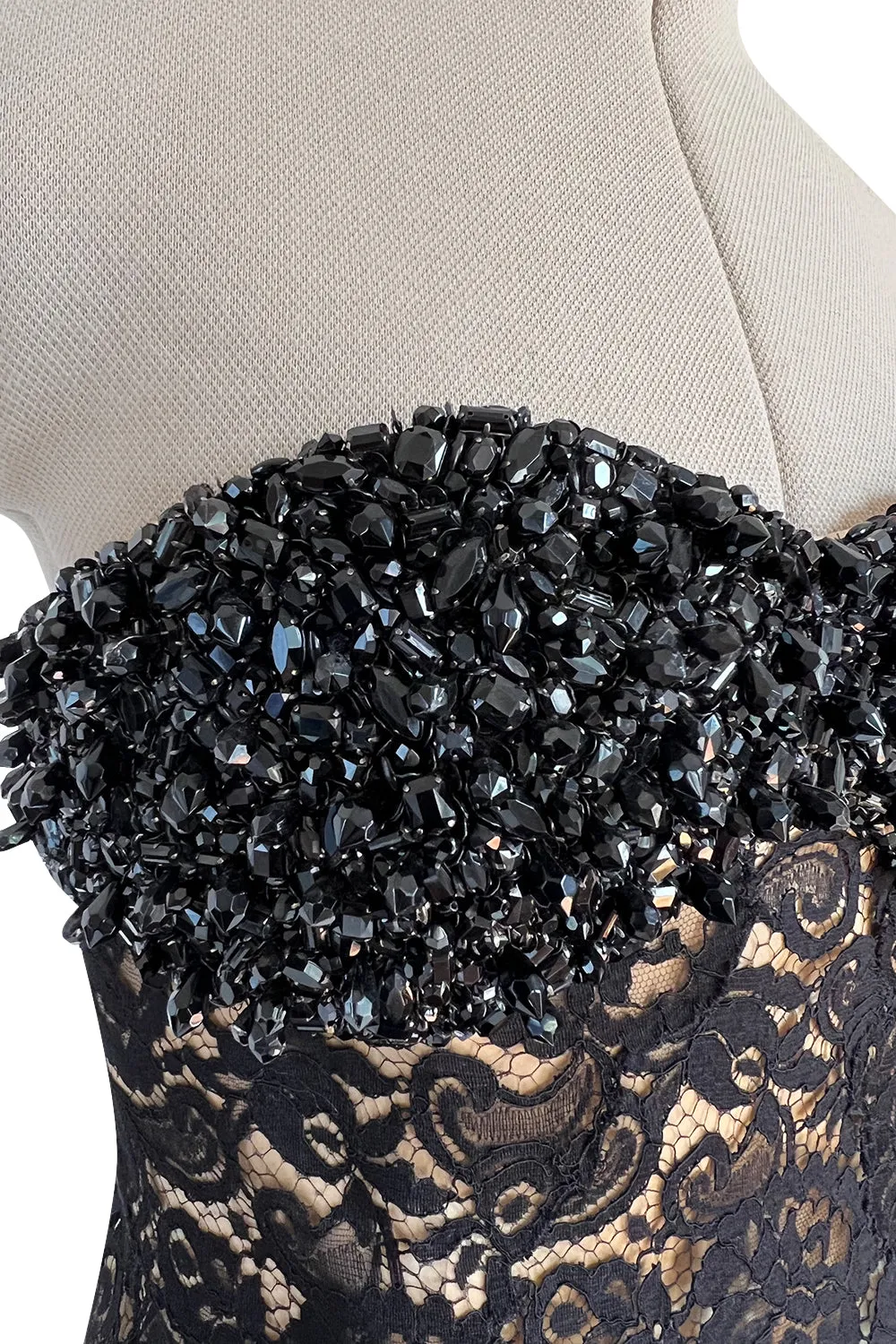 Gorgeous 1990s Isaac Mizrahi Couture Strapless Nude & Black Lace Dress w Beaded Bodice