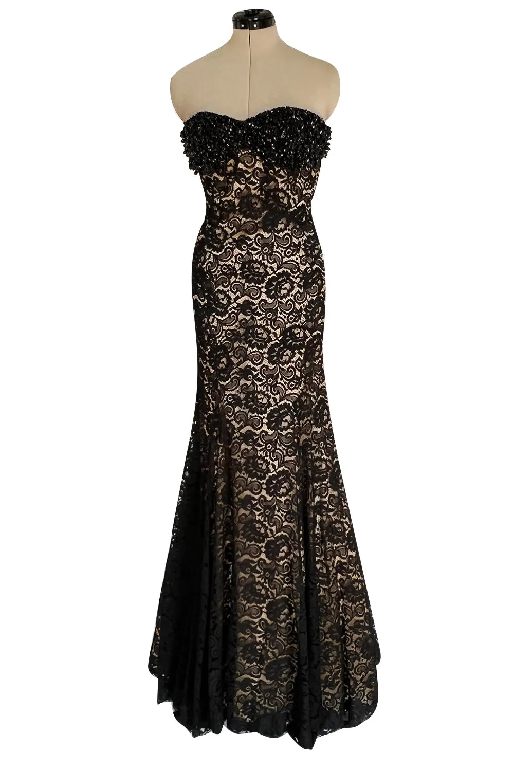 Gorgeous 1990s Isaac Mizrahi Couture Strapless Nude & Black Lace Dress w Beaded Bodice