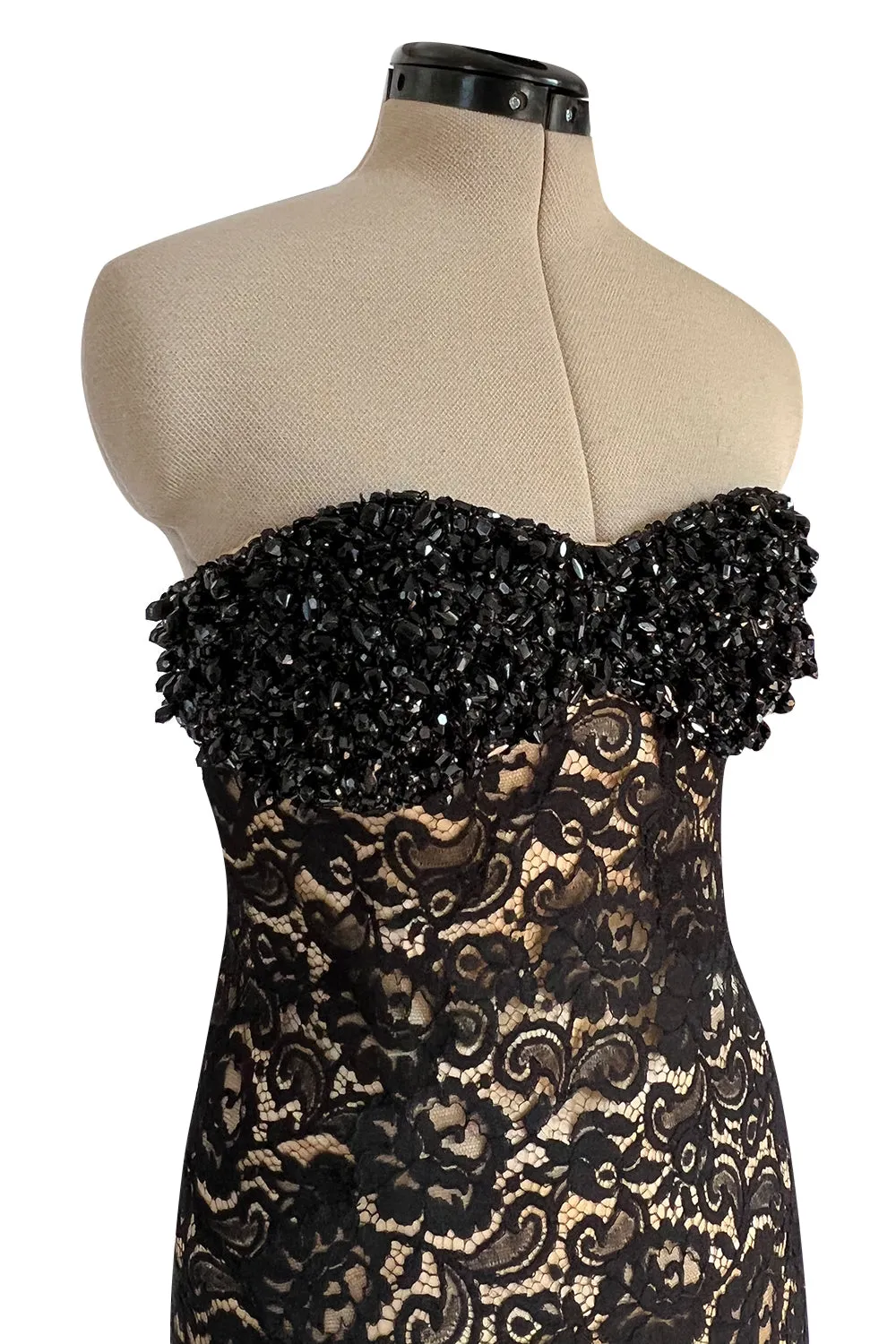 Gorgeous 1990s Isaac Mizrahi Couture Strapless Nude & Black Lace Dress w Beaded Bodice