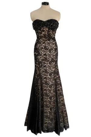 Gorgeous 1990s Isaac Mizrahi Couture Strapless Nude & Black Lace Dress w Beaded Bodice