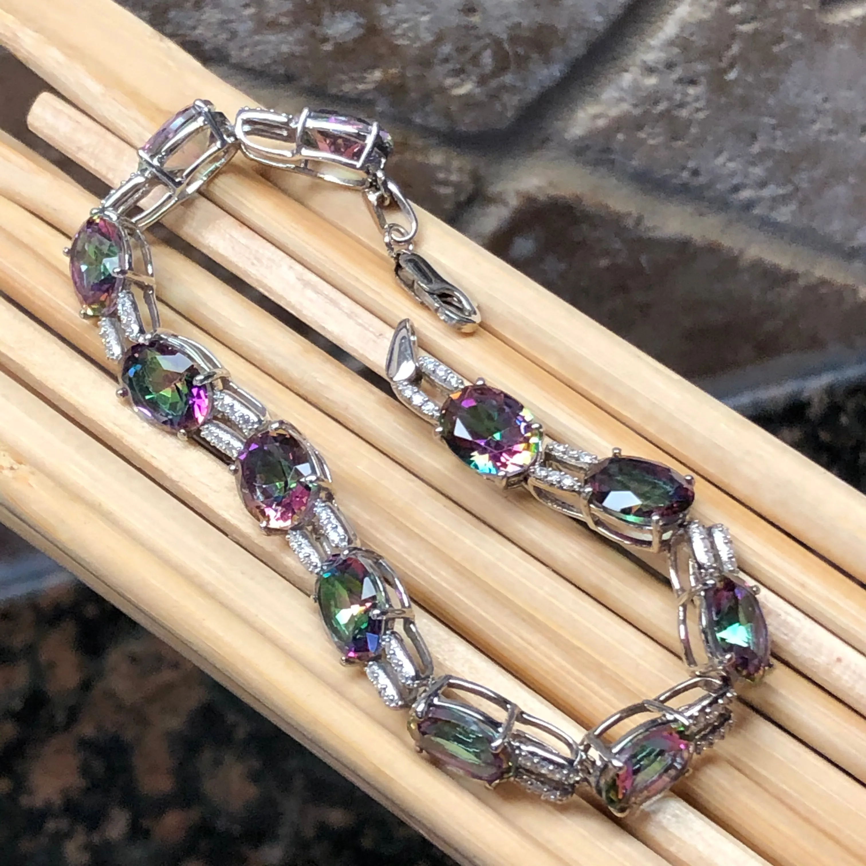 Gorgeous 20ct Mystic Topaz 925 Solid Sterling Silver Bracelet 7"