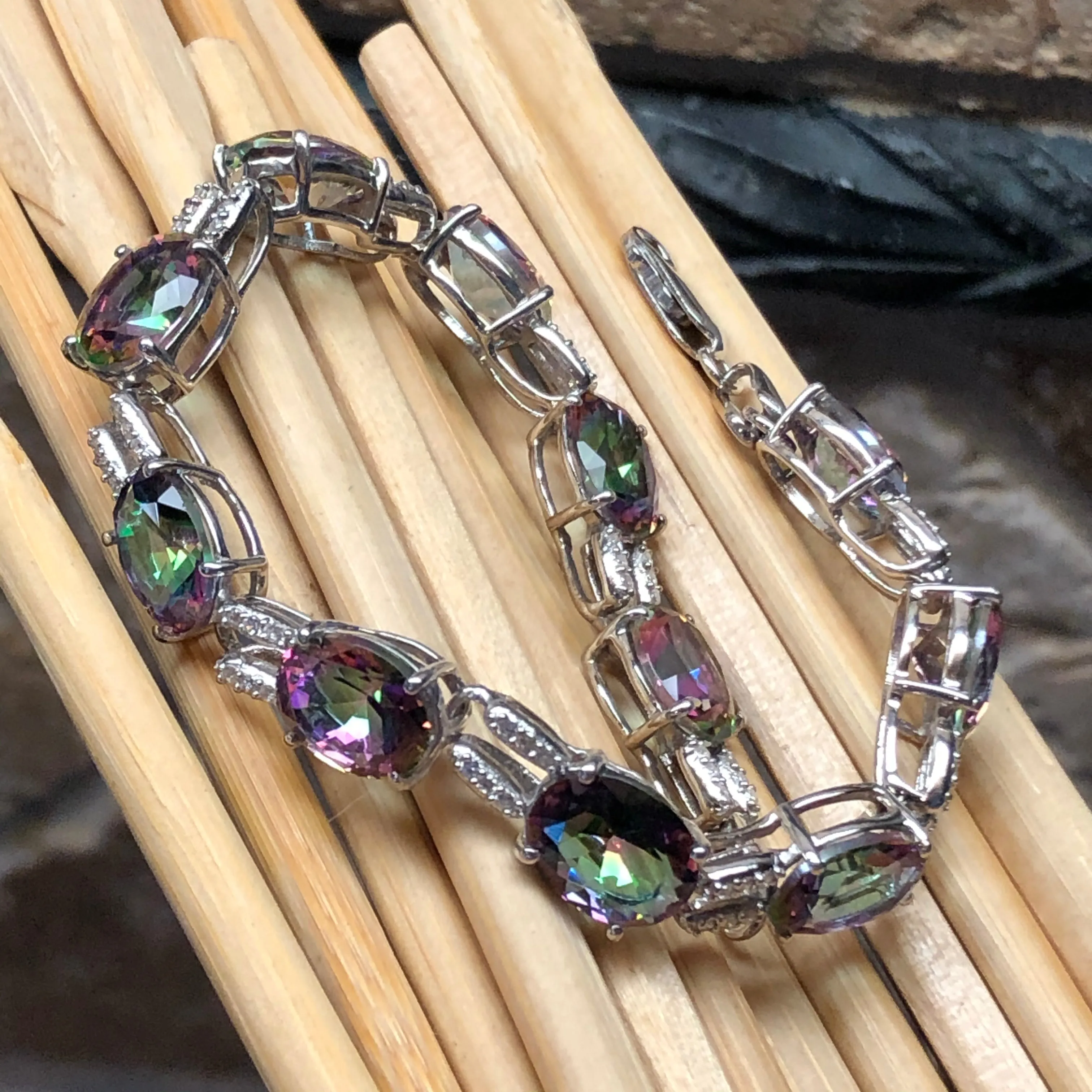 Gorgeous 20ct Mystic Topaz 925 Solid Sterling Silver Bracelet 7"