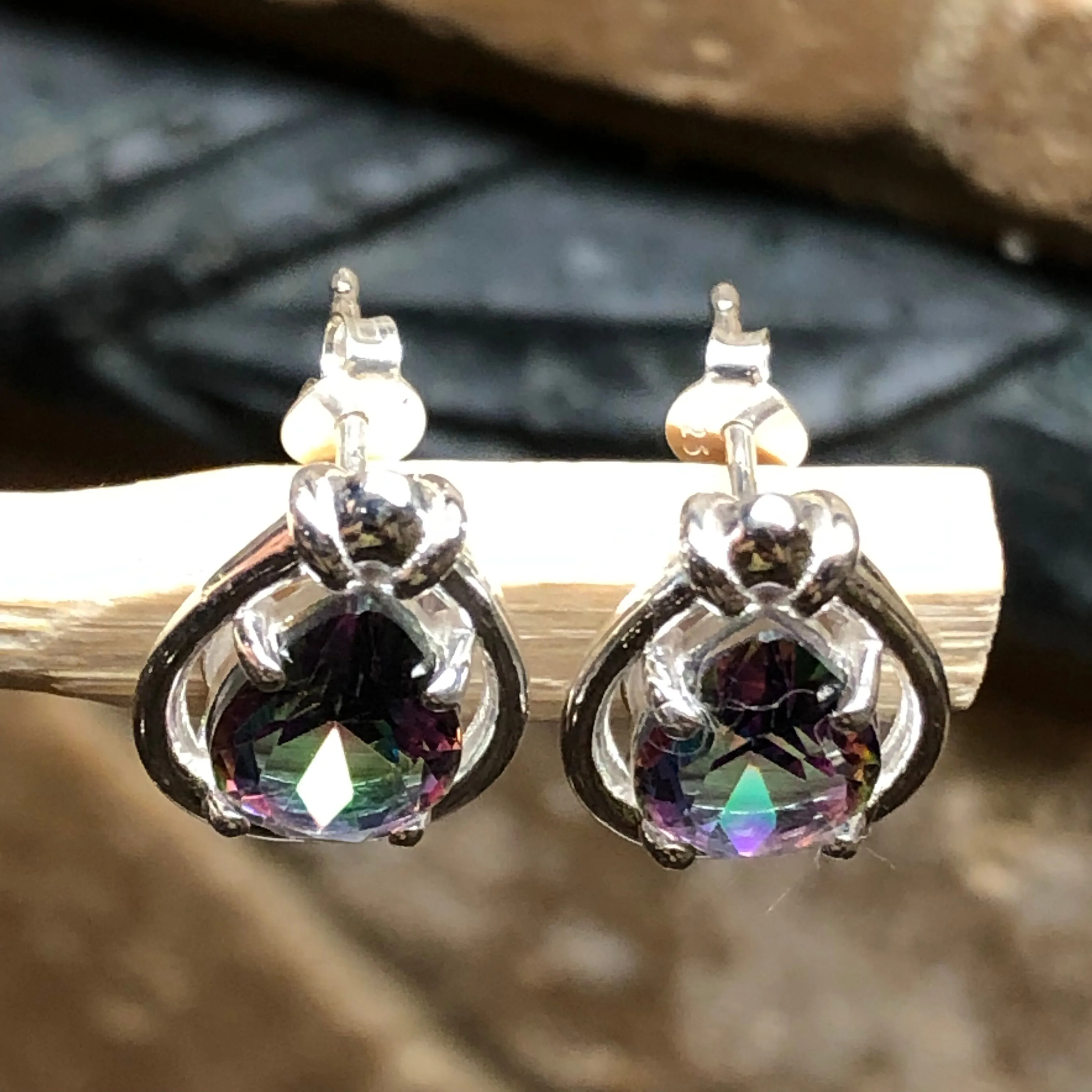 Gorgeous 2ct Mystic Topaz 925 Solid Sterling Silver Earrings 15mm