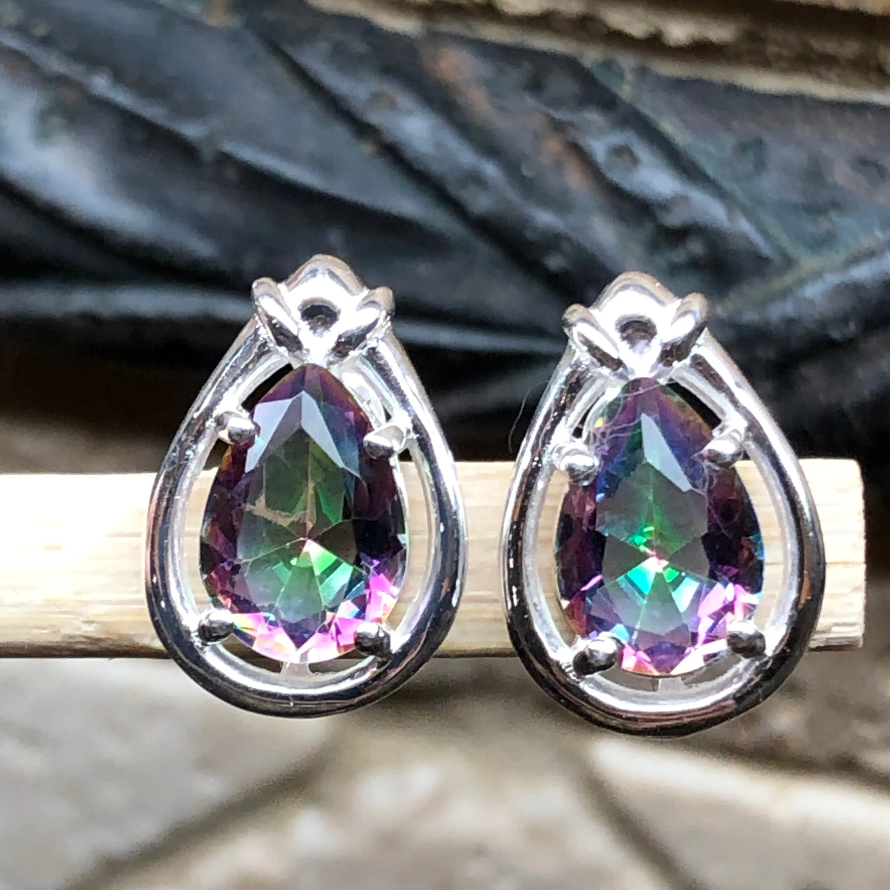 Gorgeous 2ct Mystic Topaz 925 Solid Sterling Silver Earrings 15mm