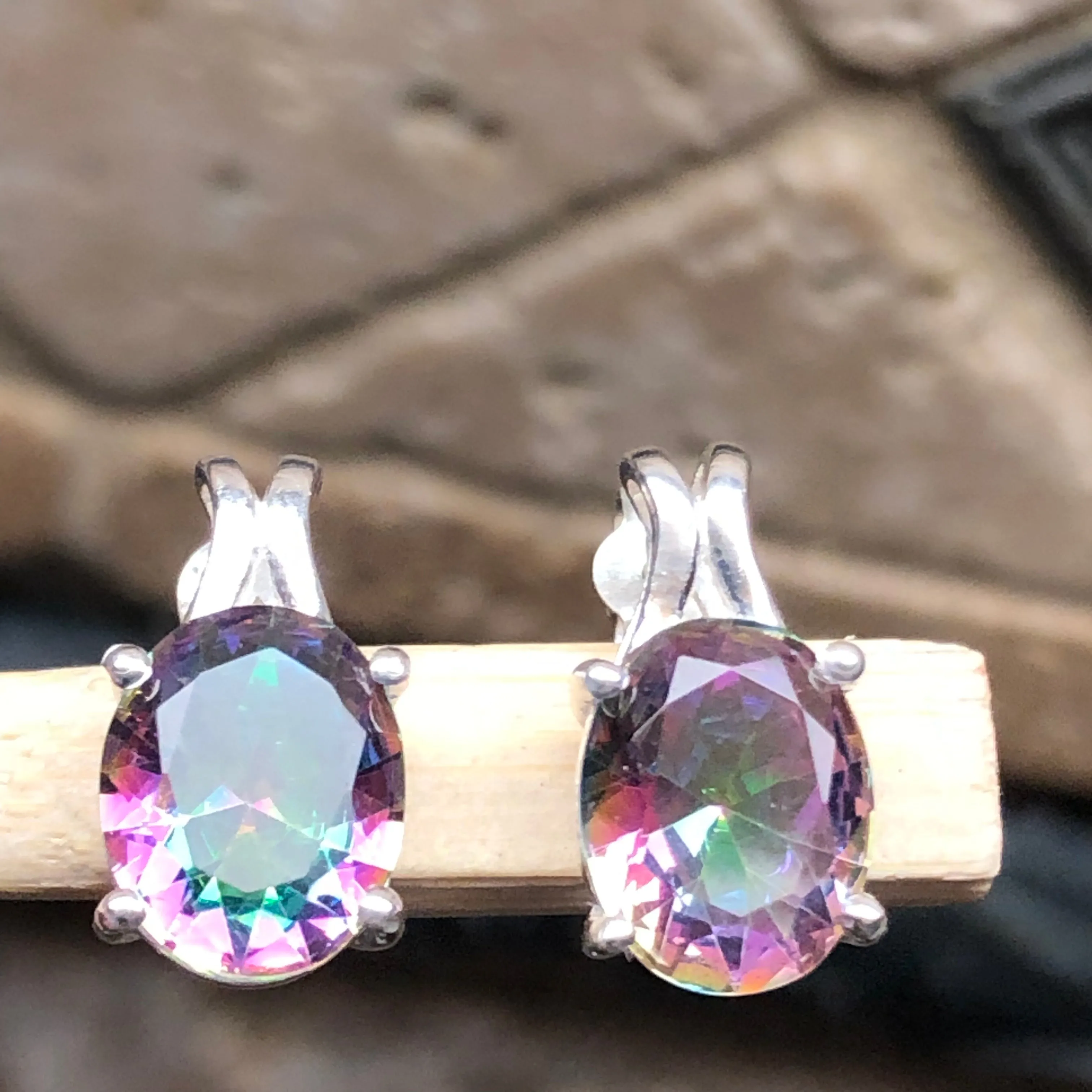 Gorgeous 2ct Mystic Topaz 925 Solid Sterling Silver Earrings 15mm