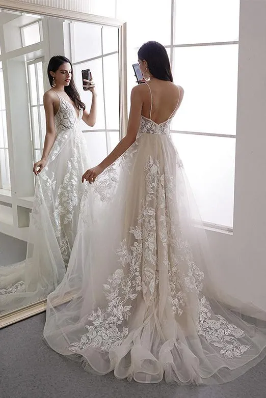 Gorgeous A Line V Neck Sweep Train Sleeveless White Long Wedding Dresses OHD111