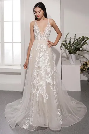 Gorgeous A Line V Neck Sweep Train Sleeveless White Long Wedding Dresses OHD111