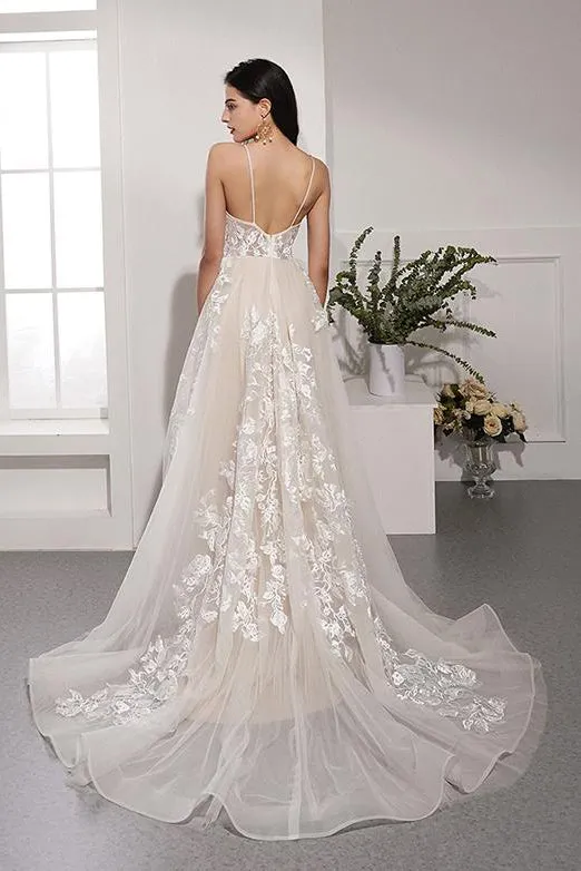 Gorgeous A Line V Neck Sweep Train Sleeveless White Long Wedding Dresses OHD111